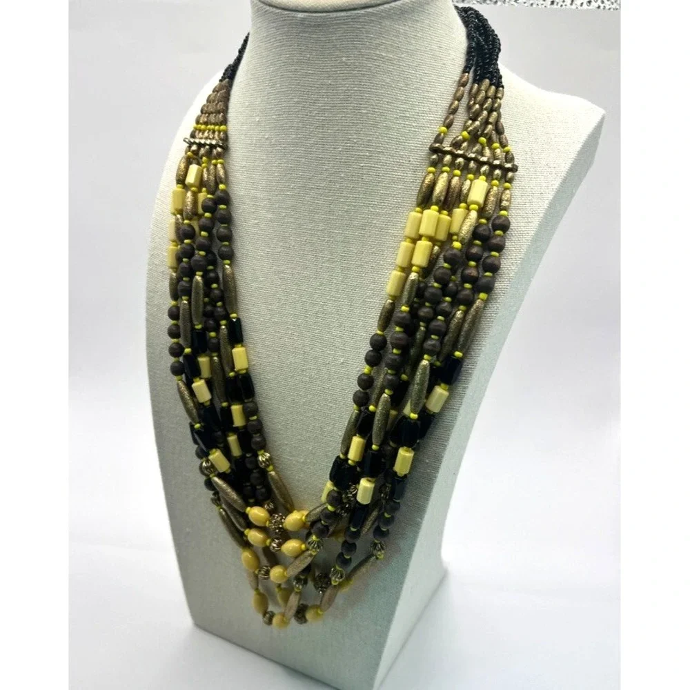 Vintage Boho Multi-Strand Necklace Yellow Black Natural Wood Seed‎ Beads Earthy